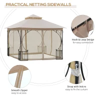 Outsunny 10' x 10' Patio Gazebo Canopy Outdoor Pavilion with Mesh Netting SideWalls, 2-Tier Polyester Roof, & Steel Frame, Beige(m-6)