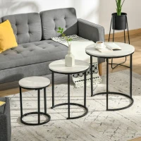 HOMCOM Nesting Tables Set of 3, Round Coffee Table, Stacking Side Tables with Steel Frame for Living Room, Grey(m-1)