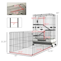 PawHut 45" 4-Level Small Animal Cage with Wheels, Black(m-3)