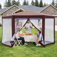 Outsunny 13' x 11' Hexagonal Garden Gazebo Patio Party Outdoor Canopy Tent Sun Shelter w/ Mosquito Net Zipped Door - Brown(m-1)