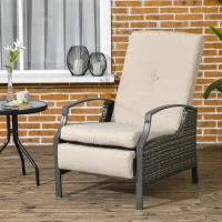 Outsunny Outdoor Rattan Recliner Chair, Wicker Reclining Chair with Adjustable Back Retractable Footrest Cushion Khaki(m-1)