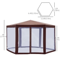 Outsunny 13' x 11' Hexagonal Garden Gazebo Patio Party Outdoor Canopy Tent Sun Shelter w/ Mosquito Net Zipped Door - Brown(m-3)