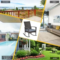 Outsunny Outdoor PE Rattan Rocking Chair, Garden Glider Rocking Chair, Wicker Patio Chair Set with Armrest and Cushion, Grey(m-6)