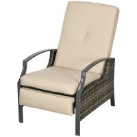 Outsunny Outdoor Rattan Recliner Chair, Wicker Reclining Chair with Adjustable Back Retractable Footrest Cushion Khaki(m-2)