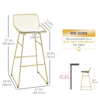 HOMCOM Modern Bar Stools Set of 2, Metal Wire Bar Height Barstools, Bar Chairs for Kitchen with Removable Cushion, Back and Footrest, Gold(m-3)