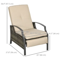Outsunny Outdoor Rattan Recliner Chair, Wicker Reclining Chair with Adjustable Back Retractable Footrest Cushion Khaki(m-3)
