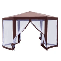 Outsunny 13' x 11' Hexagonal Garden Gazebo Patio Party Outdoor Canopy Tent Sun Shelter w/ Mosquito Net Zipped Door - Brown(m-2)