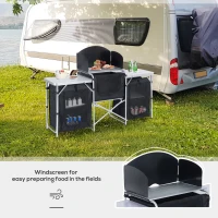 Outsunny Camping Kitchen Table, Aluminum Portable Outdoor Cooking Table, Fold-Up Cook Station with Windscreen and 3 Enclosed Cupboards for BBQ, Party, Picnics, Backyards(m-5)