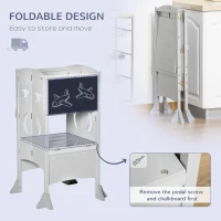 Qaba Kids Step Stool, Foldable Kitchen Helper with Blackboard and Lockable Handrail, for Toddler 3-6 Years Old, Grey(m-4)