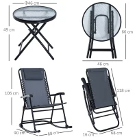 Outsunny Outdoor Folding Rocking Chair Patio Table Seating Set, 2 Rocking Chairs with Armrests and 1 Side Table with Tempered Glass - Gray(m-3)