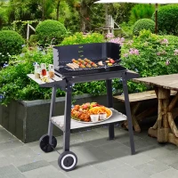 Outsunny Trolley Charcoal BBQ Barbecue Grill Outdoor Patio Garden Heating Smoker with Side Trays Storage Shelf and Wheels(m-1)
