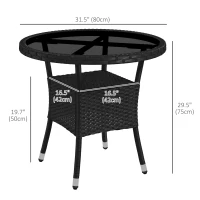 Outsunny Φ31.5" Outdoor Wicker Dining Table, PE Rattan Patio Furniture with 2-Tier Storage Shelf, Metal Frame Round Garden Table with Glass Top Table, Black(m-3)