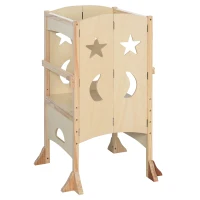 Qaba Wooden Kitchen Step Stool for Kids, Foldable Toddler Tower, Helper Stool for Kitchen Counter with Support Handles Safety Rail, Natural Wood(m-1)