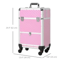 HOMCOM Portable Aluminum Makeup Train Cases, Rolling Makeup Case, Salon Beauty Cosmetic Jewelry Organizer Trolley with 4 Wheels, Pink(m-3)