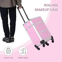 HOMCOM Portable Aluminum Makeup Train Cases, Rolling Makeup Case, Salon Beauty Cosmetic Jewelry Organizer Trolley with 4 Wheels, Pink(m-5)