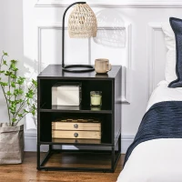 HOMCOM Nightstand, Bedside Table with Storage Shelves, Side End Table with Steel Legs for Bedroom, Black(m-1)