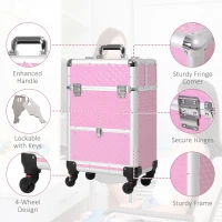HOMCOM Portable Aluminum Makeup Train Cases, Rolling Makeup Case, Salon Beauty Cosmetic Jewelry Organizer Trolley with 4 Wheels, Pink(m-4)
