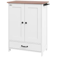 PawHut Pet Feeding Station, Dog Food Storage Cabinet w/ Raised Dog Bowls, Adjustable Panel, Hooks for Medium Dogs, White(m-1)