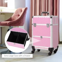 HOMCOM Portable Aluminum Makeup Train Cases, Rolling Makeup Case, Salon Beauty Cosmetic Jewelry Organizer Trolley with 4 Wheels, Pink(m-6)