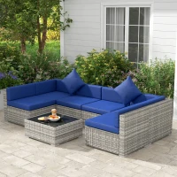 Outsunny 7 Pieces Outdoor Rattan Sofa Set, Wicker Patio Furniture Set with Glass Top Coffee Table, Pillows, Mixed Gray and Blue(m-2)