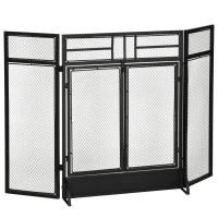 HOMCOM 3-Panel Steel Mesh Fireplace Screen, Decorative Fire Spark Guard Cover with Double Doors, 47x31in, Black(m-2)