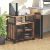 Vinsetto Printer Stand with Socket and USB Charging Ports, Industrial Mobile Printer Table with Storage and Wheels, Rustic Brown(m-1)