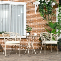 Outsunny 3 Pieces Patio Furniture Outdoor PE Rattan Bistro Set w/ Seat Cushions, Glass Table for Garden, Backyard, Beige