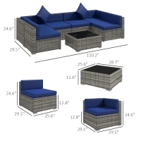 Outsunny 7 Pieces Outdoor Rattan Sofa Set, Wicker Patio Furniture Set with Glass Top Coffee Table, Pillows, Mixed Gray and Blue(m-3)