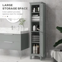 kleankin Tall Bathroom Cabinet, Freestanding Storage Organizer with Adjustable Shelves and Cupboards, 15" x 13" x 63", Grey(m-4)