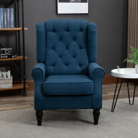 HOMCOM Button Tufted Accent Chair for Living Room - Upholstered Wingback with Wood Legs, Rolled Arms, Thick Padding, Blue(m-9)