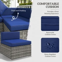 Outsunny 7 Pieces Outdoor Rattan Sofa Set, Wicker Patio Furniture Set with Glass Top Coffee Table, Pillows, Mixed Gray and Blue(m-5)