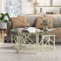 HOMCOM Glass Coffee Table Set of 3, Nest of Tables for Living Room with Tempered Glass Top and Steel Frame, Brushed Gold(m-1)