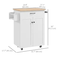 HOMCOM Modern Rolling Kitchen Island Cart with Drawer, Natural Wood Top, Towel Rack, Door Storage Cabinet, Distressed White(m-3)