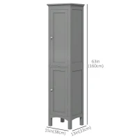 kleankin Tall Bathroom Cabinet, Freestanding Storage Organizer with Adjustable Shelves and Cupboards, 15" x 13" x 63", Grey(m-3)