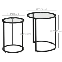 HOMCOM Set of 2 Nesting Coffee Tables with Metal Base, Round Side Table with Tempered Glass Tabletop for Living Room, Bedroom, Black(m-3)
