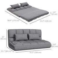 HOMCOM 51" Folding Floor Sofa, Foldable 2-Seater Lazy Sofa Sleeper Bed, Adjustable Linen Floor Couch with 9-position Backrest, 2 Pillows and Wide Seat for Living Room, Grey(m-3)
