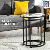 HOMCOM Set of 2 Nesting Coffee Tables with Metal Base, Round Side Table with Tempered Glass Tabletop for Living Room, Bedroom, Black(m-4)