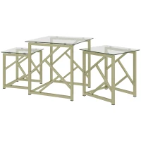 HOMCOM Glass Coffee Table Set of 3, Nest of Tables for Living Room with Tempered Glass Top and Steel Frame, Brushed Gold(m-2)