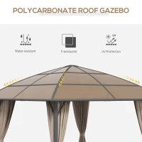 Outsunny 10' x 10' Outdoor Hardtop Gazebo Canopy with UV60+ Polycarbonate Roof, Steel Frame, Central Hook, Curtains, Khaki(m-4)