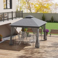 Outsunny 10' x 11.5' Metal Patio Gazebo, Double Roof Outdoor Gazebo Canopy Shelter w/Tree Motifs Corner Frame and Netting, Gray(m-2)