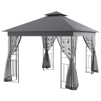 Outsunny 10' x 11.5' Metal Patio Gazebo, Double Roof Outdoor Gazebo Canopy Shelter w/Tree Motifs Corner Frame and Netting, Gray