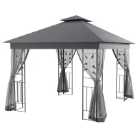Outsunny 10' x 11.5' Metal Patio Gazebo, Double Roof Outdoor Gazebo Canopy Shelter w/Tree Motifs Corner Frame and Netting, Gray(m-1)