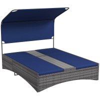 Outsunny PE Rattan Outdoor Double Chaise Lounge, Reclining Daybed with Canopy, Wood-Plastic Composite Middle Table, Dark Blue
