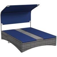 Outsunny PE Rattan Outdoor Double Chaise Lounge, Reclining Daybed with Canopy, Wood-Plastic Composite Middle Table, Dark Blue(m-1)