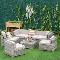 Outsunny 7 Piece Outdoor Wicker Patio Furniture Set, PE Rattan Sectional Sofa with Cushions, Faux Wood Table, Stripe Pillows, Beige(m-12)