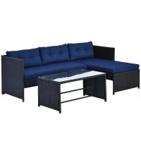 Outsunny 3 Piece Patio Furniture Set, Rattan Outdoor Sofa Set with Chaise Lounge & Loveseat, Soft Cushions, Tempered Glass Table, L-Shaped Sectional Couch, Blue(m-1)