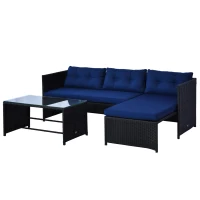 Outsunny 3pcs Outdoor Rattan Wicker Sofa and Chaise Lounge Set with Cushion Garden Patio Furniture Black and Dark Blue(m-2)
