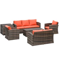 Outsunny 6 Piece Outdoor Rattan Wicker Sofa Set Sectional Patio Conversation Furniture Set w/ Storage Table & Cushion Orange(m-2)