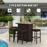 Outsunny 5 Pcs Rattan Wicker Bar Set, High Top Outdoor Table and Chairs, Bar Height Patio Set with Glass Table Top 2 Tier Storage Shelf, and 4 Bar Stools for Garden, Poolside, Dark Brown(m-4)