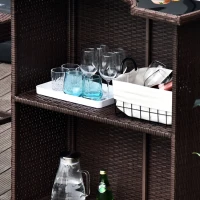 Outsunny 5 Pieces Patio Bar Set, Outdoor PE Rattan Wicker High Top Outdoor Table and Chairs Outdoor Bar Set with Tempered Glass Top Bar Table and Shelves, 4 Bar Chairs, Dark Brown(m-7)